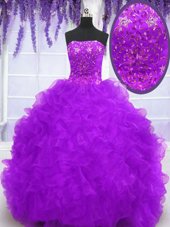 Eggplant Purple Strapless Neckline Beading and Appliques and Ruffles 15th Birthday Dress Sleeveless Lace Up