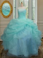 Fantastic Sleeveless Floor Length Embroidery and Pick Ups Lace Up Quince Ball Gowns with Aqua Blue