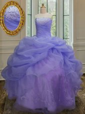 Lavender Lace Up 15th Birthday Dress Embroidery and Pick Ups Sleeveless Floor Length