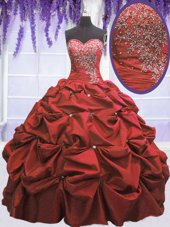 Fitting Coral Red Taffeta Lace Up Sweetheart Sleeveless Floor Length Quince Ball Gowns Beading and Pick Ups