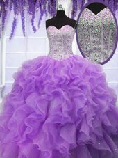 Sequins Ball Gowns Quinceanera Dress Lavender Sweetheart Organza Sleeveless Floor Length Lace Up
