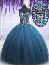 Teal Sweetheart Lace Up Beading and Appliques Quince Ball Gowns Sleeveless