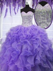 Beauteous Lavender Organza Lace Up Quinceanera Dress Sleeveless Floor Length Ruffles and Sequins