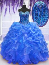 Sumptuous Sleeveless Organza Floor Length Lace Up Quinceanera Gown in Blue for with Beading and Ruffles
