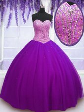 Free and Easy Sleeveless Tulle Floor Length Lace Up 15th Birthday Dress in Eggplant Purple for with Beading