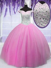 Enchanting Hot Pink Vestidos de Quinceanera Military Ball and Sweet 16 and Quinceanera and For with Beading Off The Shoulder Short Sleeves Lace Up