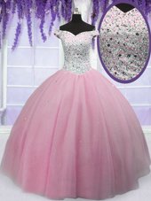 Sweet Off the Shoulder Baby Pink Short Sleeves Floor Length Beading Lace Up 15 Quinceanera Dress