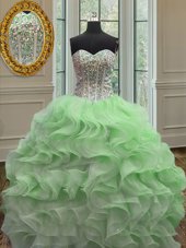 Luxury Four Piece Gold Organza Lace Up Quinceanera Dresses Sleeveless Floor Length Beading and Ruffles