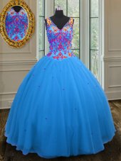 High Class Straps Straps Sleeveless Floor Length Beading and Sequins Zipper Quinceanera Dresses with Blue