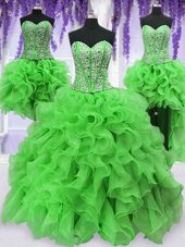 Flare Four Piece Floor Length Lace Up Quinceanera Dresses for Military Ball and Sweet 16 and Quinceanera with Beading and Ruffles