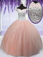 Best Peach Off The Shoulder Lace Up Beading 15 Quinceanera Dress Short Sleeves