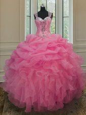 High End Peach Ball Gowns Beading and Ruffles 15th Birthday Dress Lace Up Organza Sleeveless Floor Length