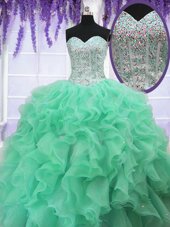 Organza Sweetheart Sleeveless Lace Up Ruffles and Sequins 15th Birthday Dress in Apple Green