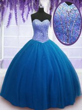 Perfect Sweetheart Sleeveless Lace Up Quinceanera Gown Teal Tulle