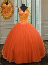 Three Piece Tulle Sleeveless Floor Length 15th Birthday Dress and Beading and Sequins