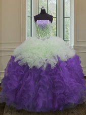 White And Purple Strapless Lace Up Beading and Ruffles Quinceanera Dress Sleeveless