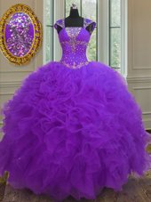 Straps Straps Purple Cap Sleeves Beading and Ruffles and Sequins Floor Length Ball Gown Prom Dress