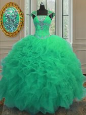 Turquoise Organza Lace Up Straps Cap Sleeves Floor Length Quinceanera Gown Beading and Ruffles and Sequins