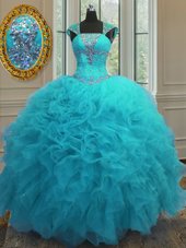 Noble Aqua Blue Lace Up Straps Beading and Ruffles and Sequins Sweet 16 Dress Organza Cap Sleeves