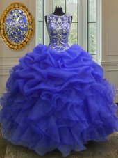 Scoop Floor Length Royal Blue 15 Quinceanera Dress Organza Sleeveless Beading and Ruffles