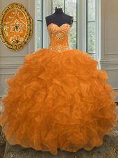 Custom Made Orange Sleeveless Organza Lace Up Ball Gown Prom Dress for Military Ball and Sweet 16 and Quinceanera