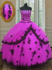 High Class Fuchsia Sleeveless Floor Length Appliques Lace Up Ball Gown Prom Dress