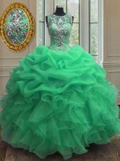 Wonderful Green Lace Up Scoop Beading and Ruffles Sweet 16 Dresses Organza Sleeveless