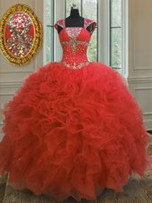 Eye-catching Straps Straps Cap Sleeves Organza Floor Length Lace Up Quinceanera Dress in Coral Red for with Beading and Ruffles and Sequins