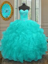 Floor Length Aqua Blue Ball Gown Prom Dress Organza Sleeveless Beading and Embroidery and Ruffles