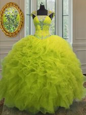 Straps Cap Sleeves Ball Gown Prom Dress Floor Length Beading and Ruffles and Sequins Organza