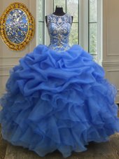 Blue Organza Lace Up Scoop Sleeveless Floor Length Quinceanera Dresses Beading and Ruffles