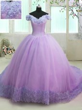 Captivating Off the Shoulder Lilac Lace Up Vestidos de Quinceanera Hand Made Flower Short Sleeves With Train Court Train