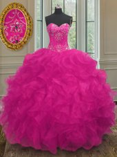 Floor Length Lace Up Quinceanera Gown Fuchsia and In for Military Ball and Sweet 16 and Quinceanera with Beading and Embroidery