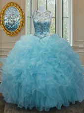 Scoop Sleeveless Organza Floor Length Lace Up Sweet 16 Dress in Aqua Blue for with Beading and Ruffles