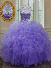 Suitable Floor Length Lavender Sweet 16 Dress Scoop Sleeveless Lace Up