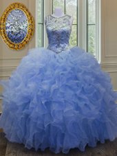 Top Selling Scoop Floor Length Blue Sweet 16 Dress Organza Sleeveless Beading and Ruffles