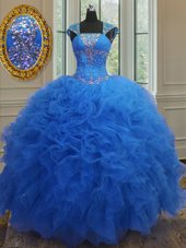 Exceptional Organza Cap Sleeves Floor Length Sweet 16 Dresses and Beading and Ruffles and Sequins