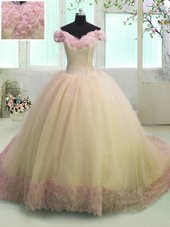Hot Sale Off the Shoulder Hand Made Flower 15 Quinceanera Dress Yellow Lace Up Short Sleeves With Train Court Train