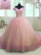 Beautiful Off the Shoulder Pink Short Sleeves Organza Court Train Lace Up Quinceanera Dresses for Military Ball and Sweet 16 and Quinceanera