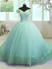 Turquoise Ball Gowns Off The Shoulder Sleeveless Organza With Train Court Train Lace Up Hand Made Flower Sweet 16 Quinceanera Dress