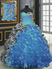 Fabulous Baby Blue Ball Gowns Organza and Printed Sweetheart Sleeveless Beading and Ruffles and Pattern With Train Lace Up Quinceanera Gowns Brush Train