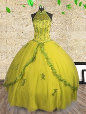 Latest Yellow Ball Gowns Tulle Halter Top Sleeveless Beading Floor Length Lace Up Sweet 16 Dress