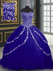 Vintage Sleeveless Floor Length Beading and Appliques Lace Up 15th Birthday Dress with Blue