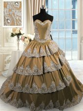 Brown Sweetheart Lace Up Beading and Appliques and Ruffled Layers Quince Ball Gowns Court Train Sleeveless