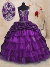 Sumptuous Pick Ups Ruffled Purple Sleeveless Organza and Taffeta Sweep Train Lace Up Quinceanera Gown for Military Ball and Sweet 16 and Quinceanera