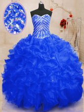 Chic Royal Blue Organza Lace Up Ball Gown Prom Dress Sleeveless Floor Length Beading and Ruffles and Sequins