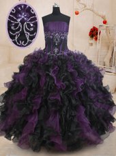 Trendy Organza Strapless Sleeveless Lace Up Beading and Ruffles Quince Ball Gowns in Black And Purple