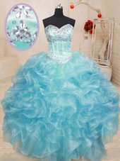 Best Sleeveless Floor Length Beading and Ruffles and Pick Ups Lace Up Quince Ball Gowns with Lilac