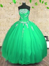 New Arrival Green Ball Gowns Strapless Sleeveless Tulle Floor Length Lace Up Embroidery and Ruching Quinceanera Dresses