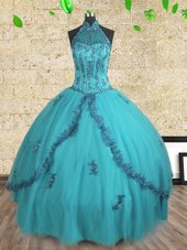 Luxury Halter Top Sleeveless Lace Up Floor Length Beading Ball Gown Prom Dress